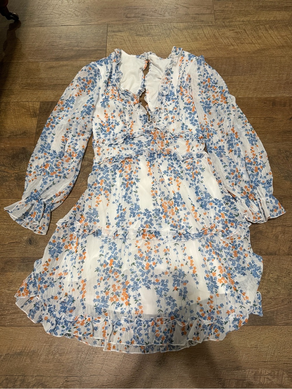 womens Floral Ruffle Tiered Dress - Blue & Orange
